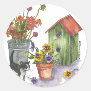 Sticker Rond Fleurs de chats Birdhouse Aquarelle "Willie"