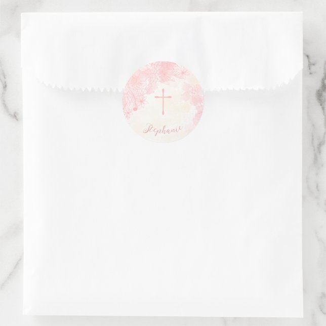 Sticker Rond Fleurs de communion Aquarelles roses (Sac)