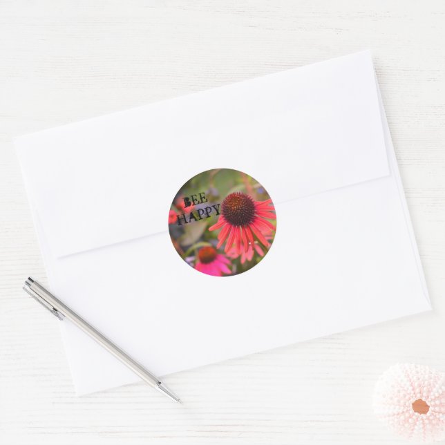 Sticker Rond Fleurs de cône rouge Echinacea Fun Bee Happy (Enveloppe)