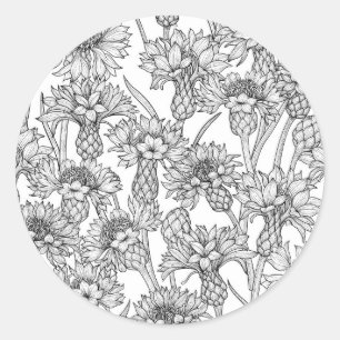 Sticker Rond Fleurs de Cornflowers, fleurs sauvages en noir et