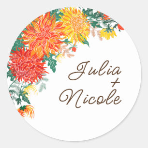 Sticker Rond Fleurs de Dahlia de printemps jaune orange pastel 