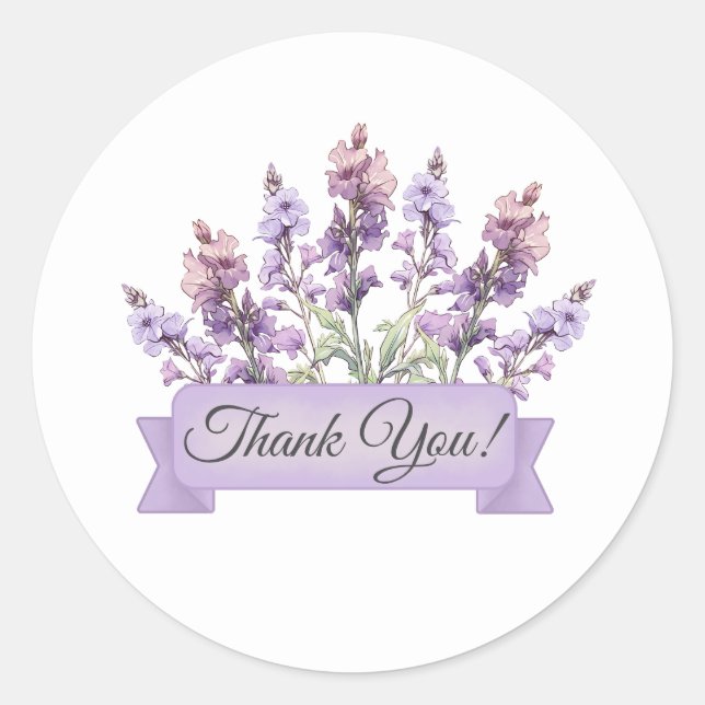 Sticker Rond Fleurs de Delphinium avec Bannière Florale Merci (Devant)