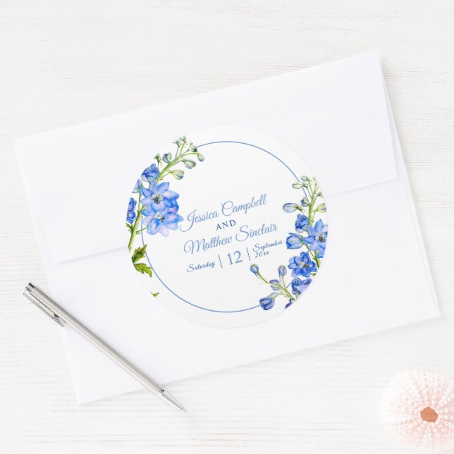Sticker Rond Fleurs de Delphinium bleu aquarelle art mariage (Enveloppe)