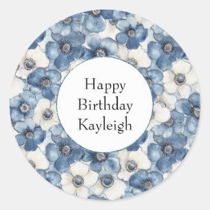 Sticker Rond Fleurs de Denim Bleu Blanc Anniversaire