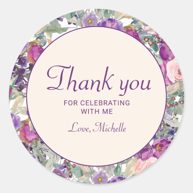 Sticker Rond Fleurs de feuillage rose violet pour anniversaire  (Devant)