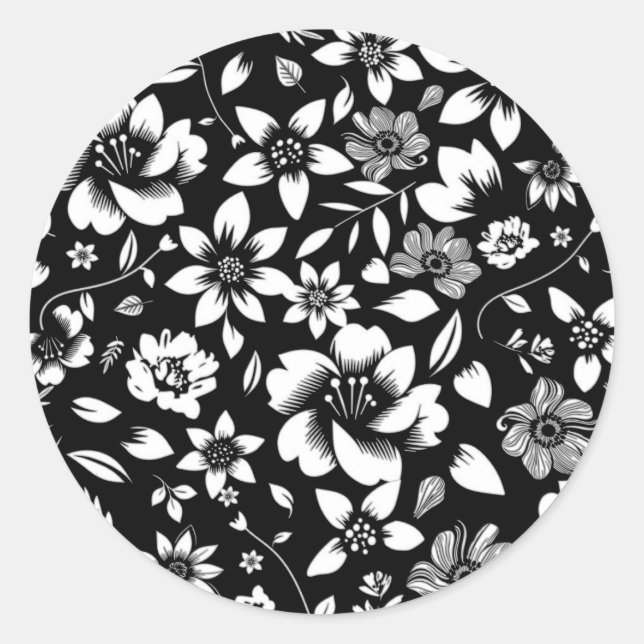 Sticker Rond Fleurs de feuilles florales modernes en noir et bl (Devant)