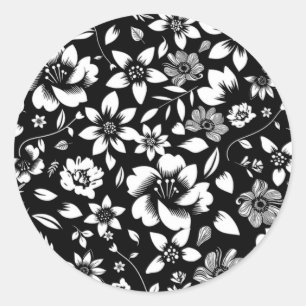 Sticker Rond Fleurs de feuilles florales modernes noir blanc qu
