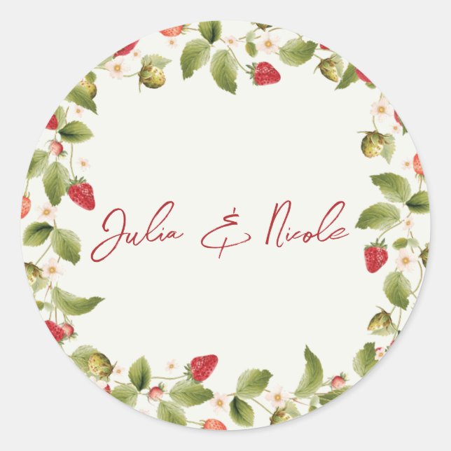 Sticker Rond Fleurs de Fraisier Sauvage Rouge Sucré Mariage (Devant)