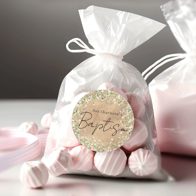 Sticker Rond Fleurs de Gypsophile Aquarelle Bohème Baptême Mign (Créateur téléchargé)