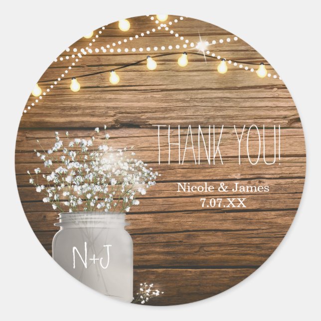 Sticker Rond Fleurs de Gypsophile dans un Pot Mason Rustique &  (Devant)