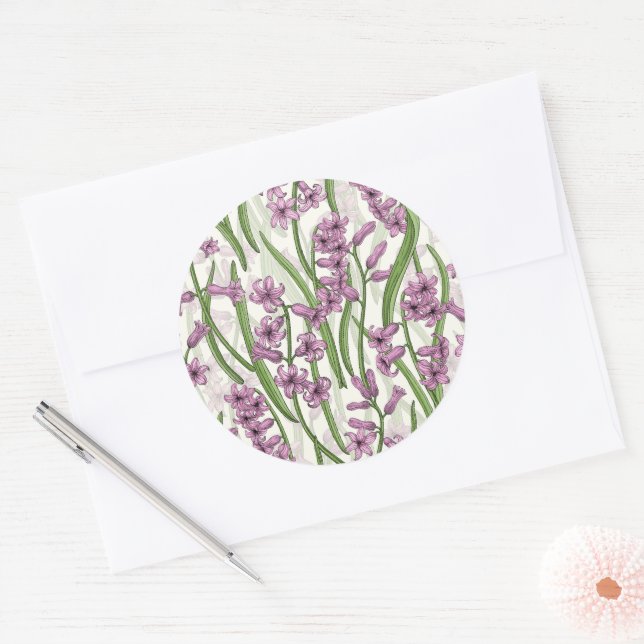 Sticker Rond Fleurs de Hyacinth rose sur blanc naturel (Enveloppe)