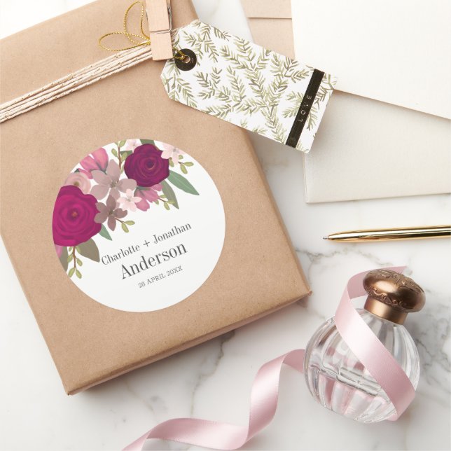 Sticker Rond Fleurs de Jardin Bourgogne Moderne Mariage Nom du  (Cadeaux)