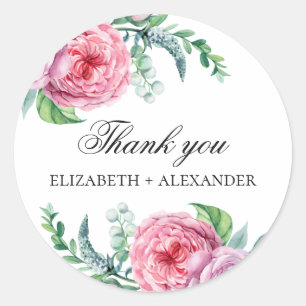 Sticker Rond Fleurs de jardin roses Boho. Floral mariage merci
