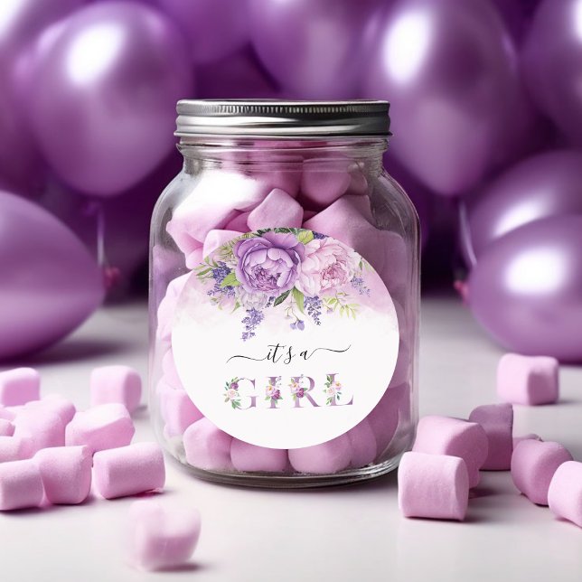 Sticker Rond Fleurs De Jardin Violet Et Rose Baby shower Fille (Purple And Pink Garden Flowers Girl Baby Shower Classic Round Sticker!)