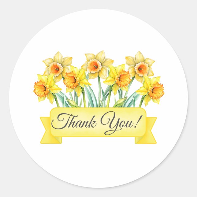 Sticker Rond Fleurs de jonquille avec bannière Merci floral (Devant)