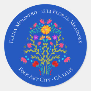 Sticker Rond Fleurs de la Fête Mexicaine Florales Bleu Royal Ad
