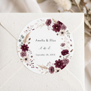Sticker Rond Fleurs de l'anémone de mariage crème burgundy