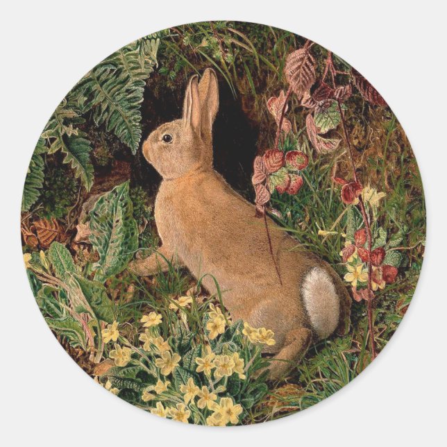 Sticker Rond Fleurs de lapin lapin fougères vintage printemps d (Devant)