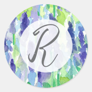 Sticker Rond Fleurs de Lavande Monogramme Écriture de Lettres