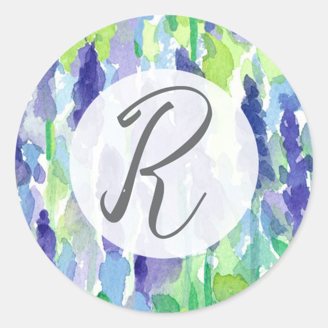 Sticker Rond Fleurs de Lavande Monogramme Écriture de Lettres (Devant)