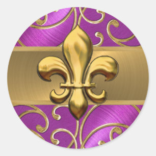 Sticker Rond Fleurs de Lis fleur de Magenta et de Filigree or