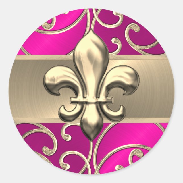 Sticker Rond Fleurs de Lis roses chaudes et de Filigree or (Devant)