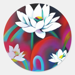 Sticker Rond Fleurs de lotus blancs sur un arrière - plan color