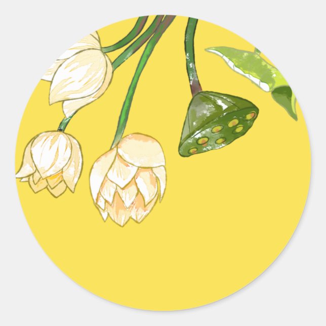 Sticker Rond Fleurs de Lotus Jaunes Lumineuses & Pods de Lotus (Devant)