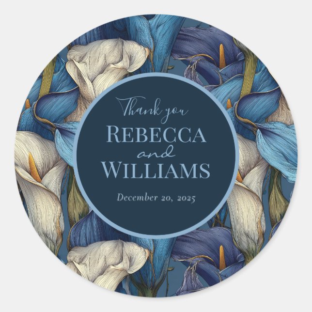 Sticker Rond Fleurs de Lys calla bleu élégant Mariage Rétro (Devant)