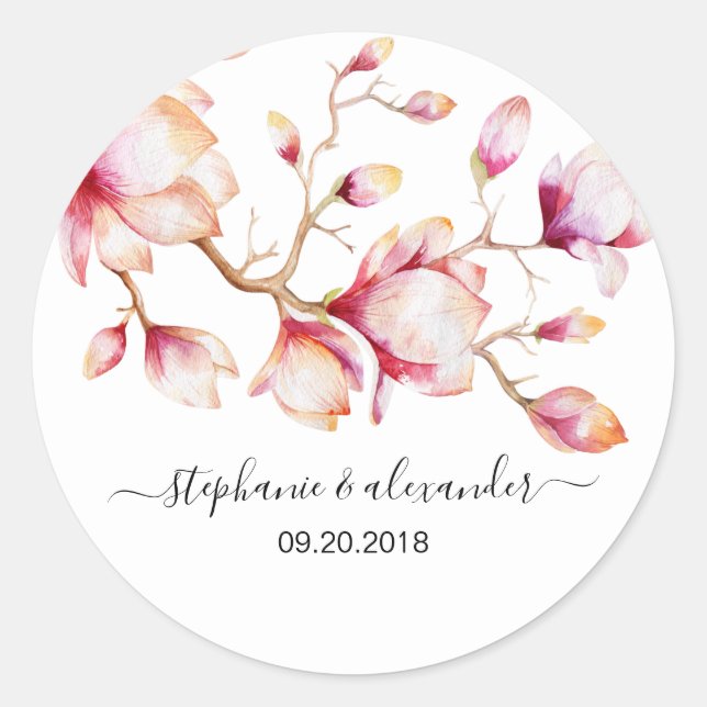Sticker Rond Fleurs de Magnolia rose Aquarelle (Devant)