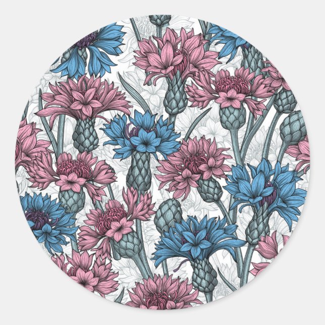 Sticker Rond Fleurs de maïs roses et bleues, fleurs sauvages su (Devant)