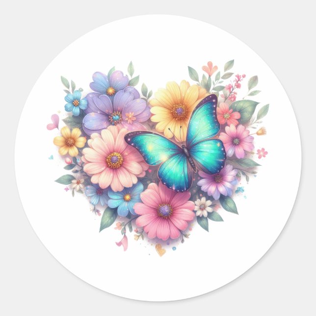 Sticker Rond Fleurs de marguerite avec un beau papillon (Devant)