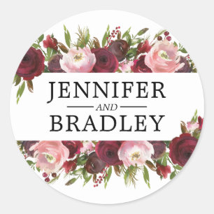 Sticker Rond Fleurs de mariage bordeaux blush rustique