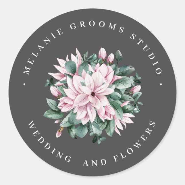 Sticker Rond Fleurs de mariage gris foncé magnolia et eucalyptu (Devant)