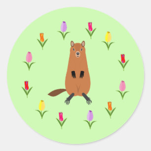 Sticker Rond Fleurs de marmotte et de tulipe mignonnes