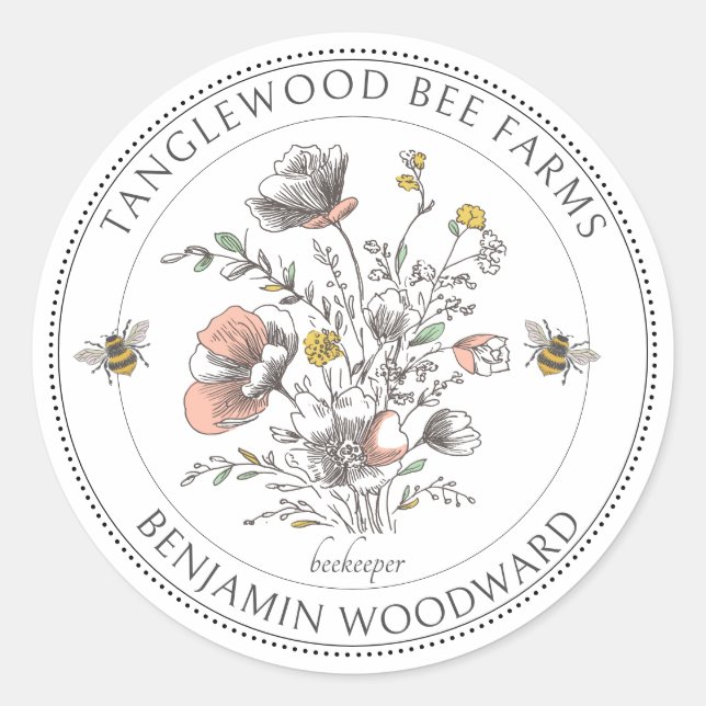 Sticker Rond Fleurs de miel de abeille rustique rucher apiculte (Devant)