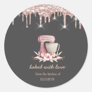 Sticker Rond Fleurs de Mixeur Rose Gold Gouttes Boulangerie