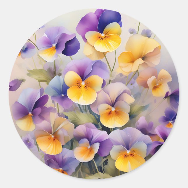 Sticker Rond Fleurs de Pansy délicates dans l'aquarelle douce (Devant)