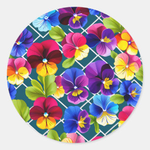 Sticker Rond Fleurs de Pansy Géométriques Vibrantes