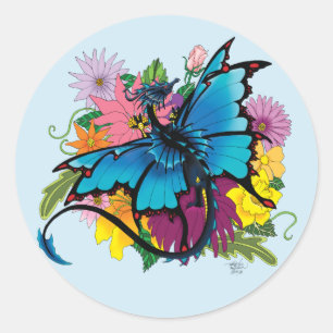 Sticker Rond Fleurs de papillon bleu Dragon
