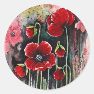 Sticker Rond Fleurs De Pavot En Aquarelle