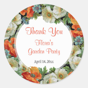 Sticker Rond Fleurs de pavot en Merci personnalisé orange et bl