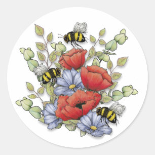 Sticker Rond Fleurs de pavot et dessin numérique de abeilles, b