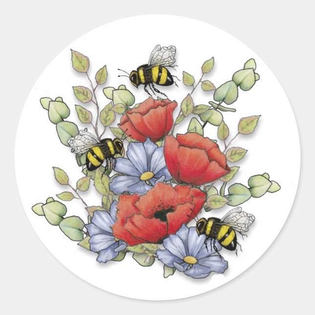 Sticker Rond Fleurs de pavot et dessin numérique de abeilles, b (Devant)