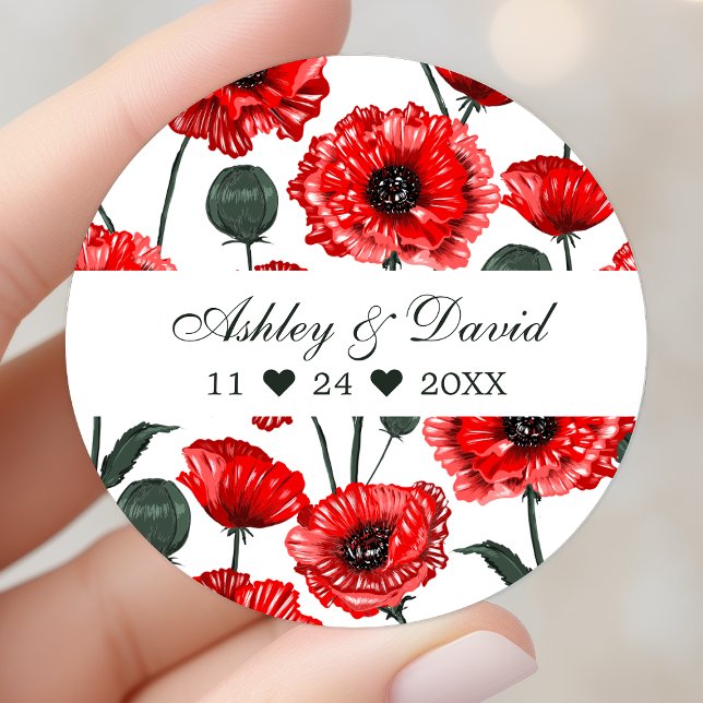 Sticker Rond Fleurs de pavot rouge Floral Mariage personnalisé (Créateur téléchargé)