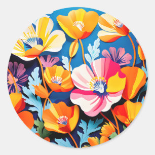 Sticker Rond Fleurs de pavots de Californie