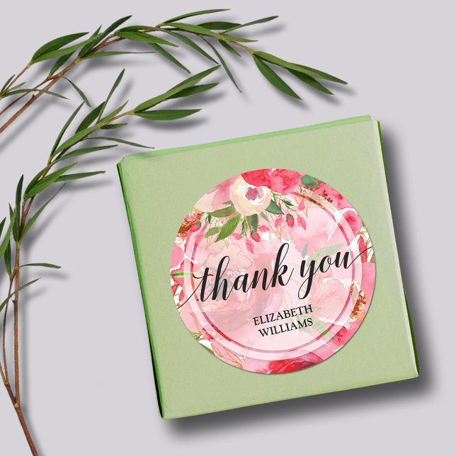 Sticker Rond Fleurs de pivoine en Merci (3" round stickers with your name and Thank You on pink and cream peony flowers)