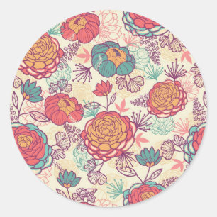 Sticker Rond Fleurs de pivoine et motif feuille