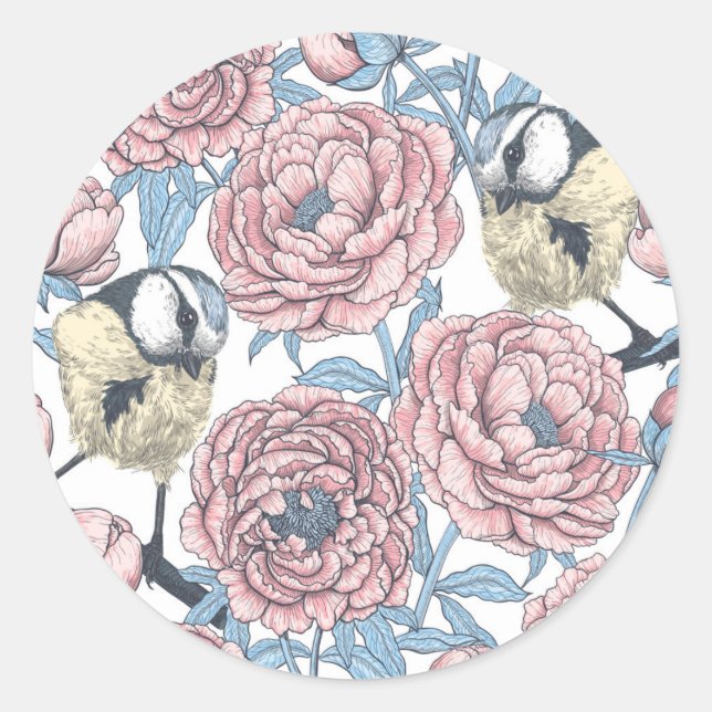 Sticker Rond Fleurs de pivoines et oiseaux (Devant)