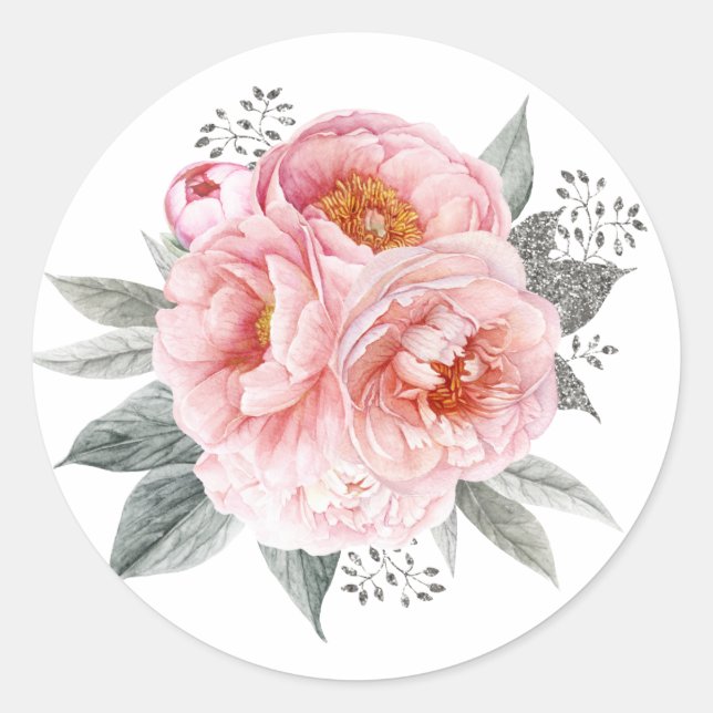 Sticker Rond Fleurs de pivoines rose et gris pastel (Devant)